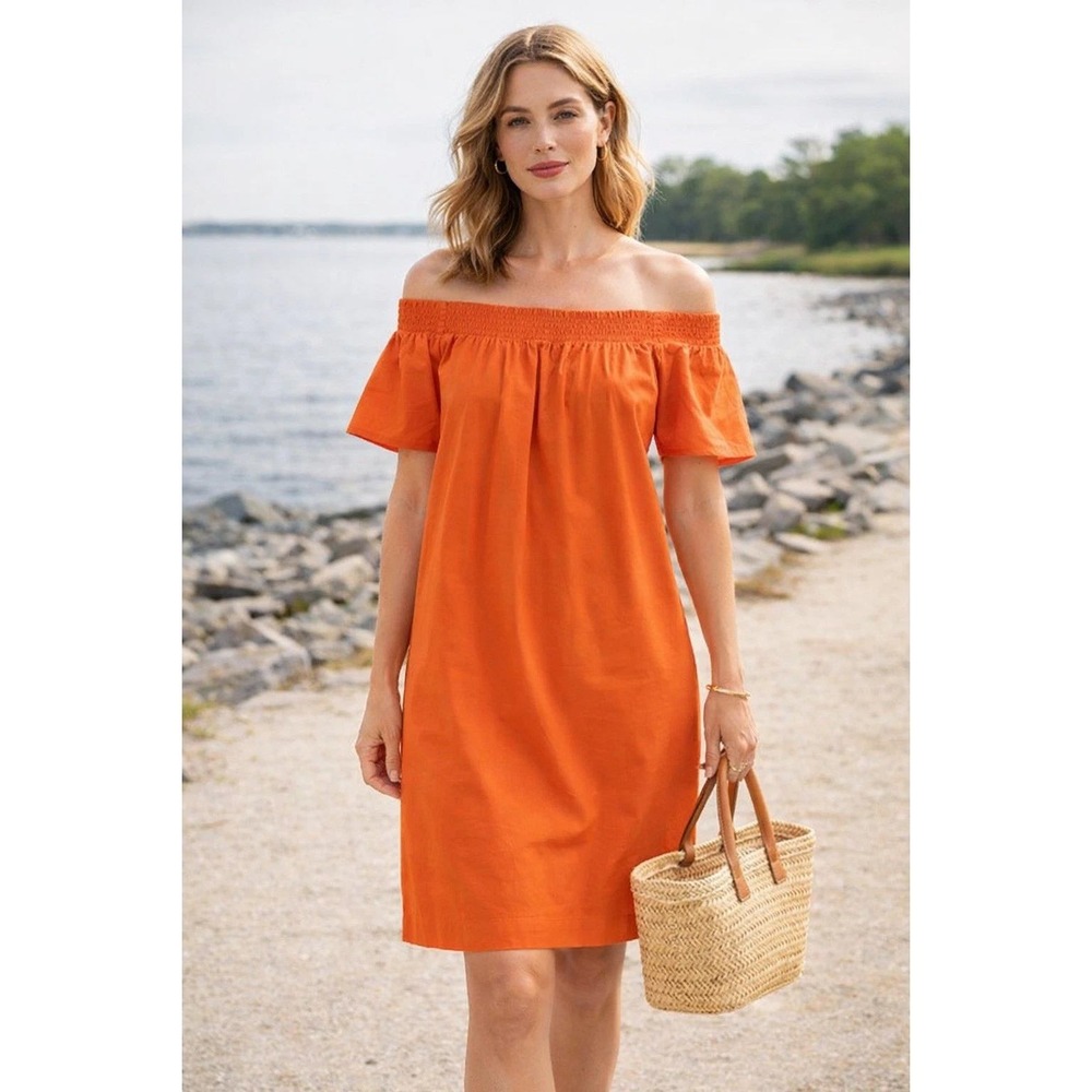 J.Crew Mini Dress Womens 4 Orange Smocked Off Shoulder Short Sleeve Shift Poplin